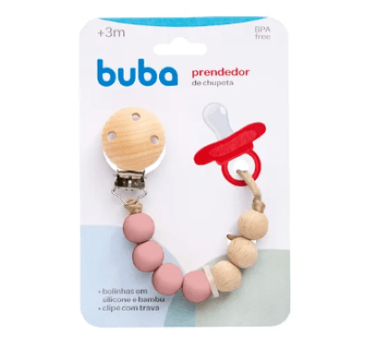 PRENDEDOR DE CHUPETA SILICONE E BAMBU ROSA BUBA