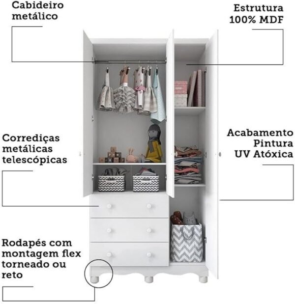 Guarda Roupa de Bebê 3 Portas 3 Gavetas Junior Móveis Peroba - Image 6
