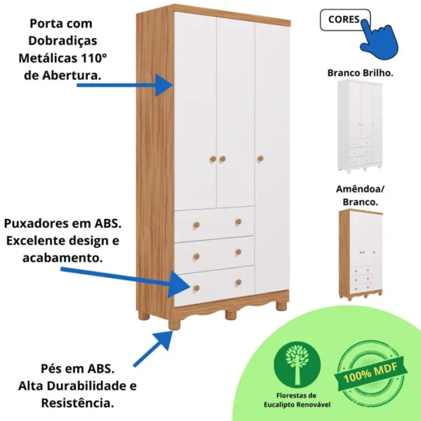 Guarda Roupa de Bebê 3 Portas 3 Gavetas Junior Móveis Peroba - Image 11