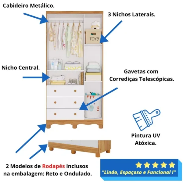 Guarda Roupa de Bebê 3 Portas 3 Gavetas Junior Móveis Peroba - Image 10