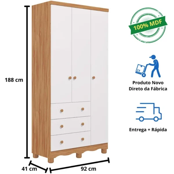 Guarda Roupa de Bebê 3 Portas 3 Gavetas Junior Móveis Peroba - Image 9